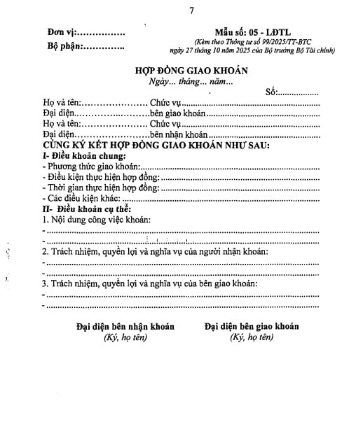 Trang đầu mẫu hợp đồng giao khoán 05-LĐTL - TT 99/2025