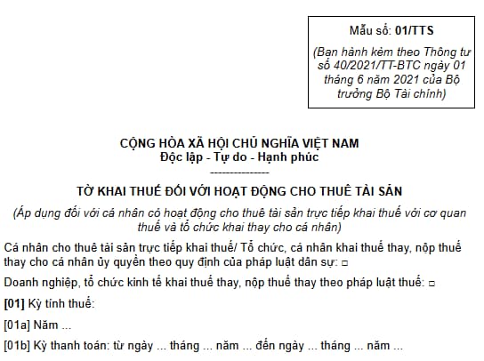 Mẫu 01 TTS tờ khai thuế cho thuê tài sản áp dụng từ ngày 01/07/2025 ở đâu?