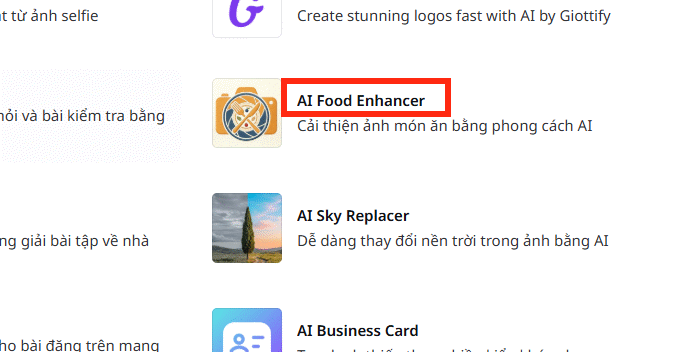 Chọn ứng dụng AI Food Enhancer trên Canva