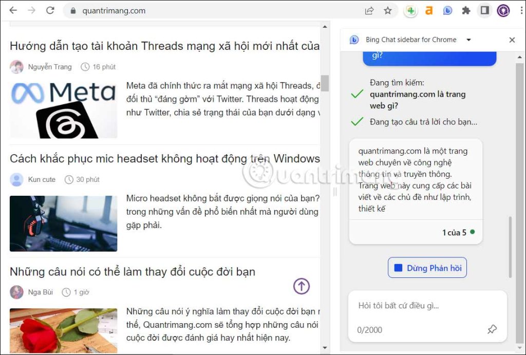 Sử dụng Bing Chat sidebar for Chrome
