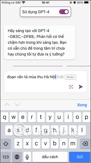 Giao diện nhắn tin trên Bing Chat