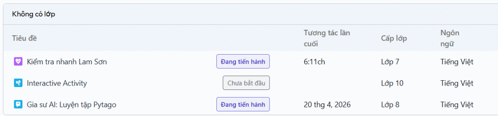 Lớp học kiểm tra trên Brisk