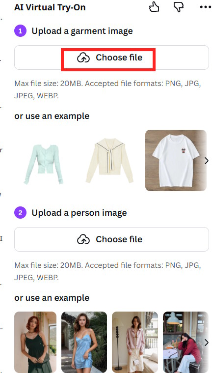 Tải ảnh trang phục và người mẫu lên AI Virtual Try-On trên Canva 