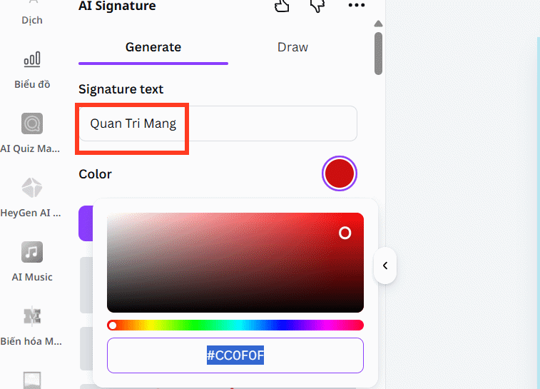 Thiết kế chữ ký qua AI Signature Canva 