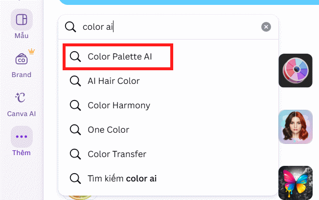 Tìm ứng dụng Color Palette AI trên Canva