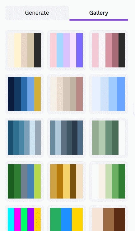Thư viện gam màu trên Color Palette AI trên Canva