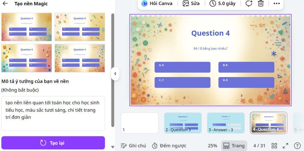 Đổi nền slide câu hỏi tạo bằng AI Quiz Maker trên Canva