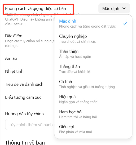 Phong cách và giọng điệu cơ bản ChatGPT