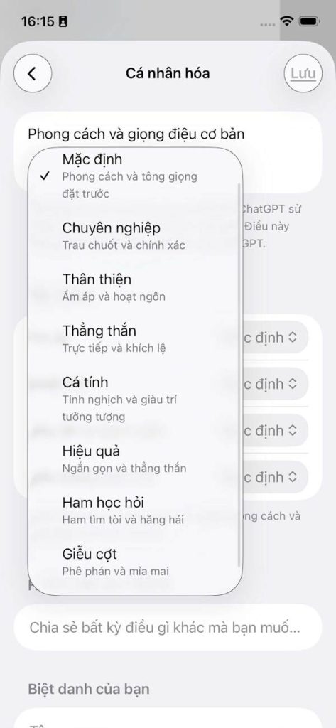 Chọn phong cách ChatGPT