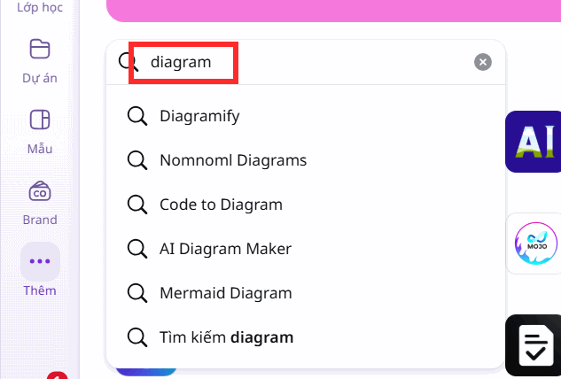 Tìm kiếm ứng dụng trên Canva