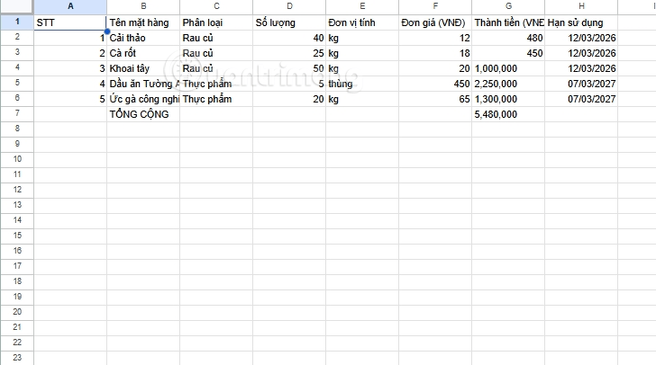 tao bang tinh excel