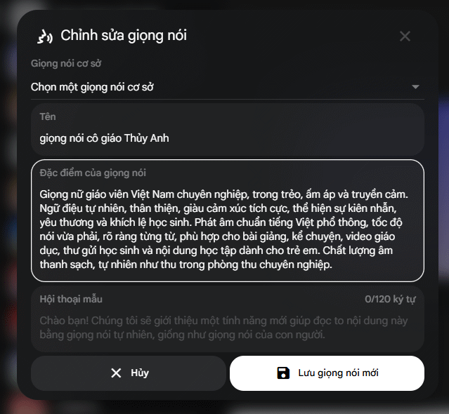 Mô tả giọng nói cho nhân vật tạo trên Flow