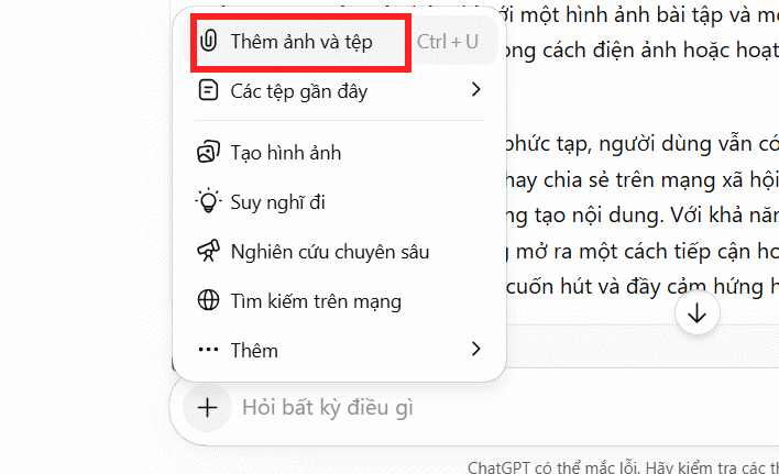 Tải ảnh bài tập lên ChatGPT