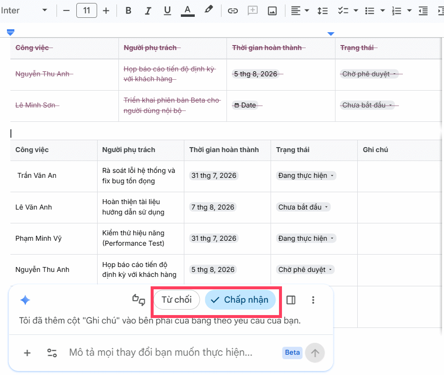 Chỉnh nội dung bảng Docs tạo bằng Gemini