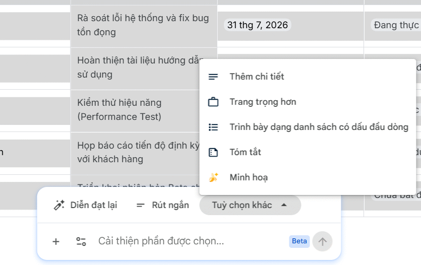 Tùy chọn nôi dung bảng Docs tạo bằng Gemini