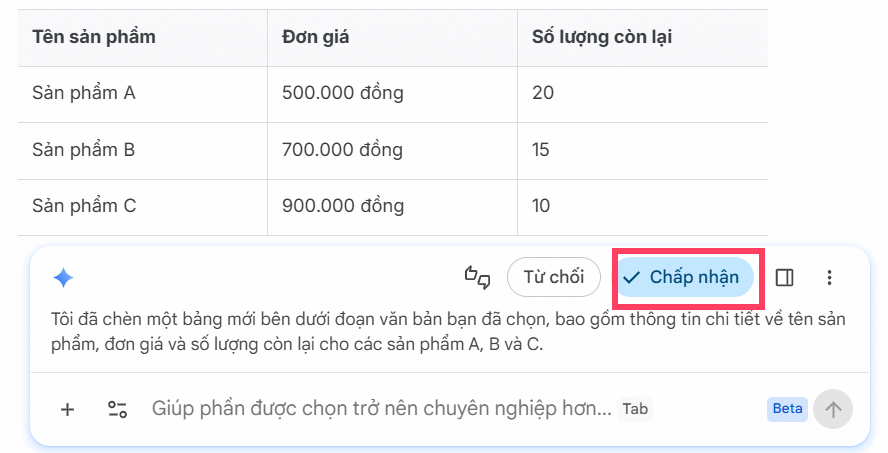 Tùy chọn nôi dung bảng Docs tạo bằng Gemini