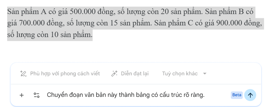 Lệnh chuyển văn bản thành bảng Docs bằng Gemini