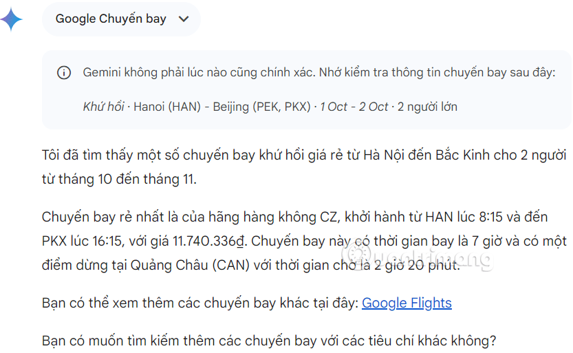 Phản hồi tìm vé máy bay giá rẻ trên Gemini