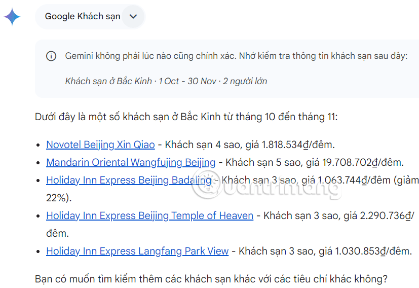 Danh sách khách sạn trên Gemini
