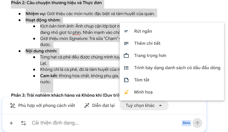 Tùy chọn tài liệu Docs bằng Gemini