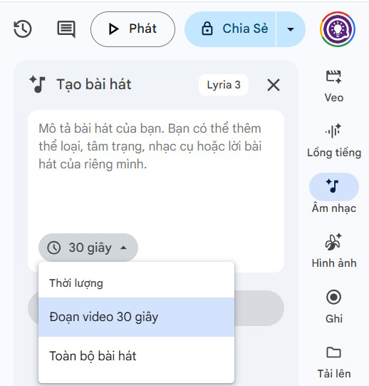Lệnh tạo nhạc nền trên Google Vids