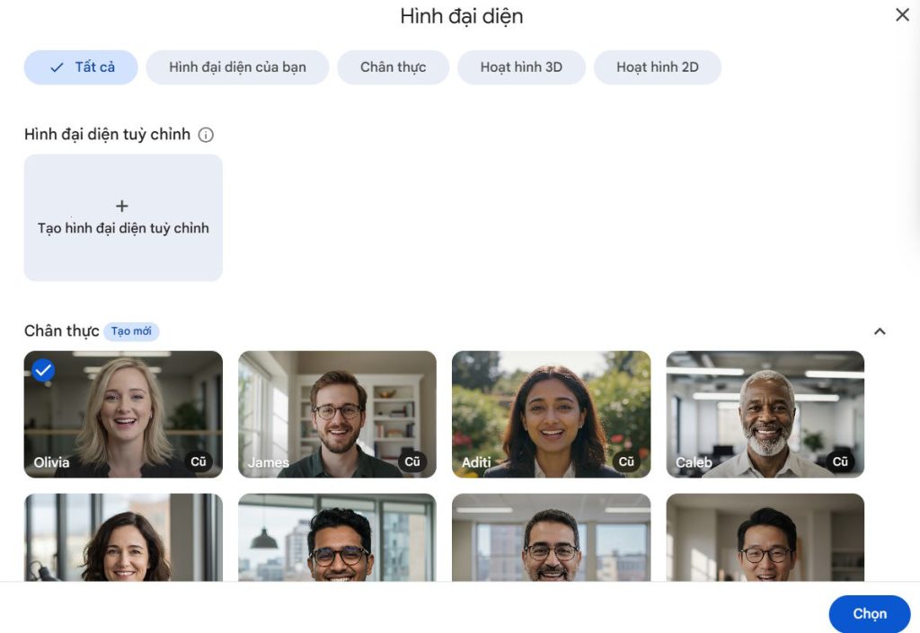 Lựa chọn tạo ảnh đại diện trên Google Vids