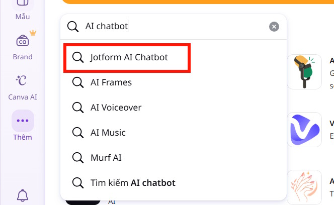 Tìm ứng dụng JotForm AI Chatbot trên Canva 