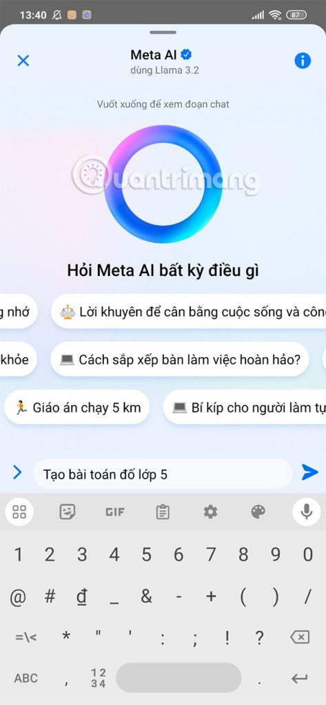 Nhập câu hỏi Meta AI 