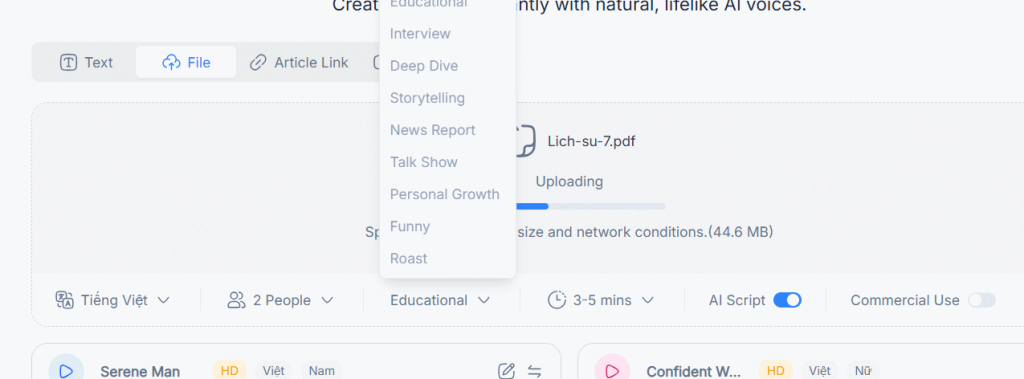 Thiết lập tạo podcast trên NoteGPT