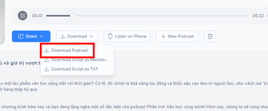 Chọn tải podcast trên NoteGPT