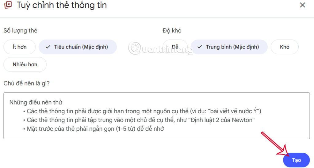 Chỉnh nội dung tạo thẻ ghi nhớ NotebookLM
