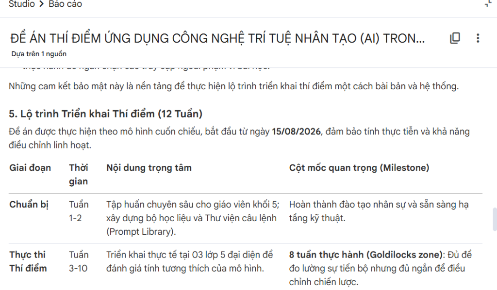 Nội dung báo cáo kế hoạch tạo trên NotebookLM