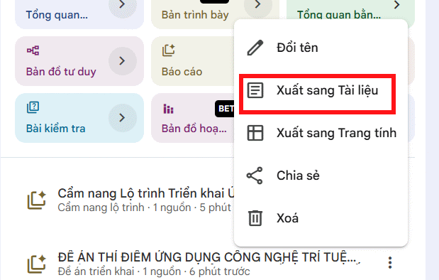 Xuất báo cáo kế hoạch tạo trên NotebookLM