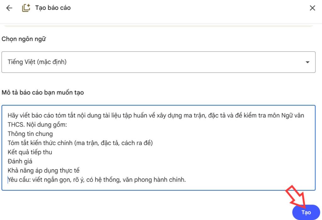 Mô tả báo cáo tập huấn trên NotebookLM