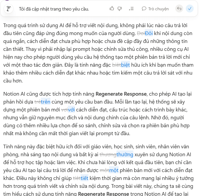 Hiện nội dung kiểm tra bằng Notion AI