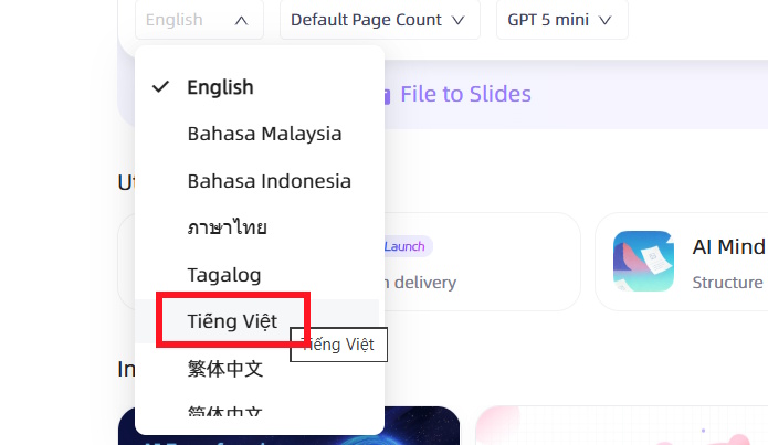 Chọn ngôn ngữ tiếng Việt cho slide trên OceanDoc