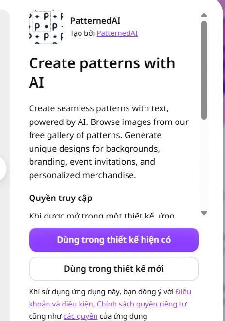 Chọn ứng dụng dùng PatternedAI trên Canva