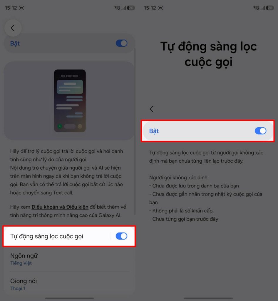Tự động sàng lọc cuộc gọi Galaxy AI
