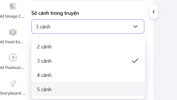 Chọn số cảnh trên AI Storybook Maker tạo storybook Canva