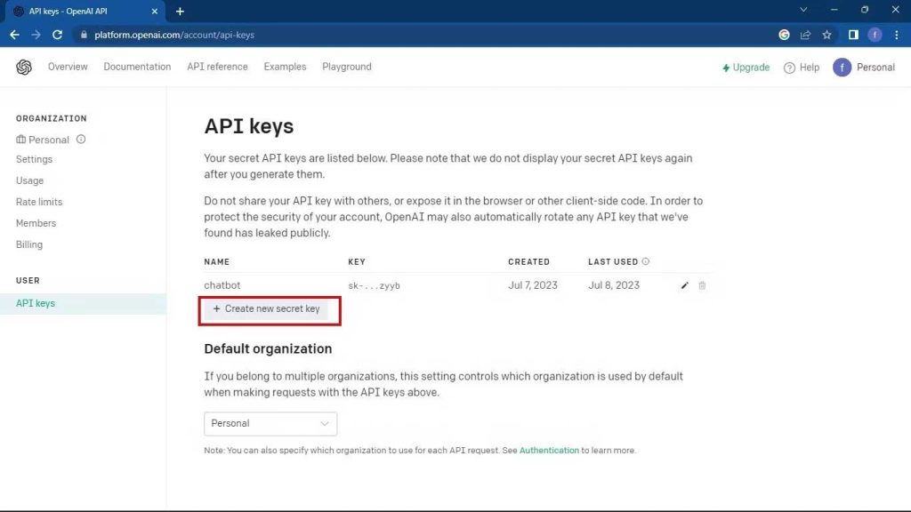 Tạo API key mới