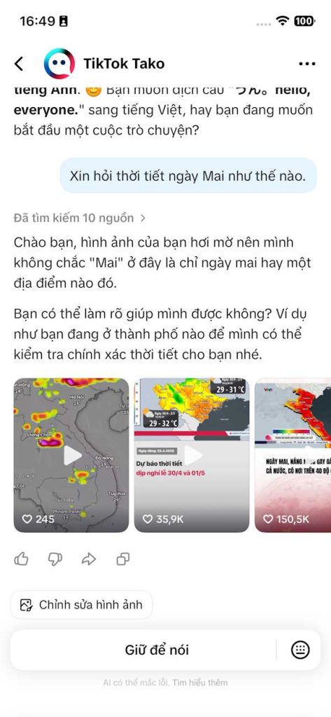 Nội dung phản hồi từ Tako