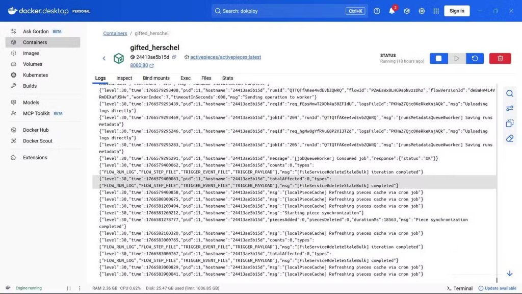 Một container Activepieces đang chạy trong Docker