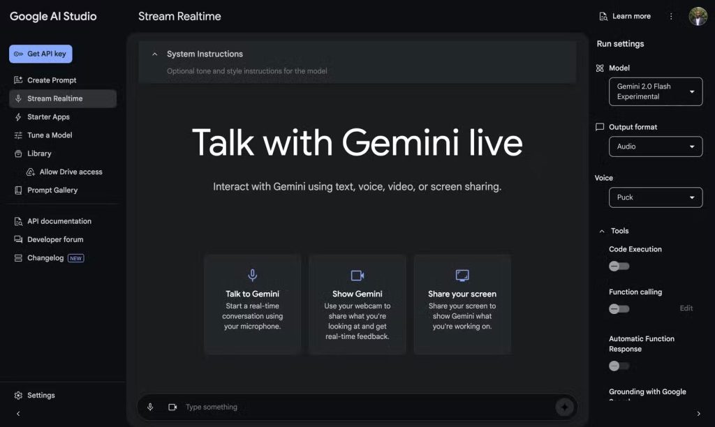 Tab Stream Realtime của AI Studio trên desktop