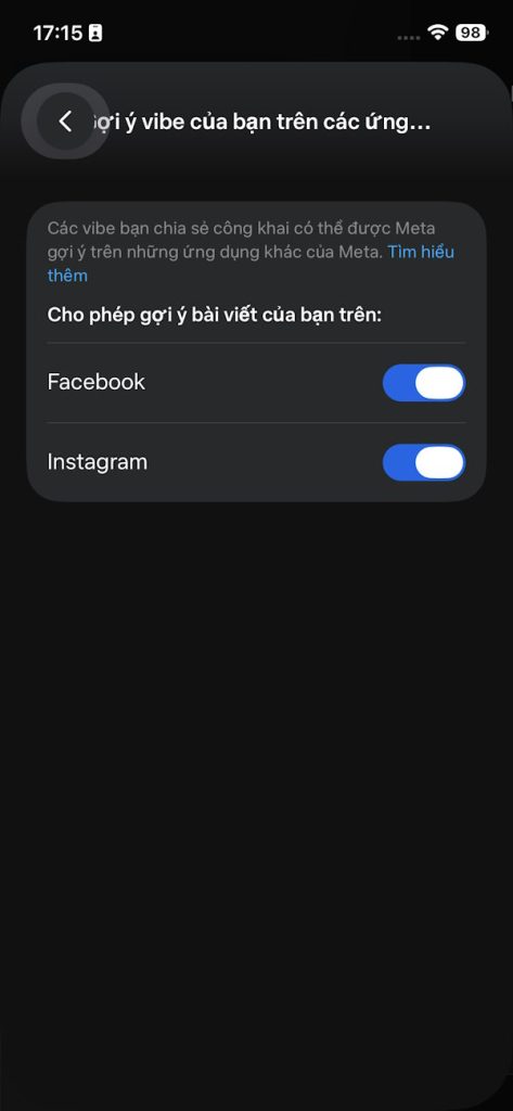 Hiện thông tin ứng dụng Meta 