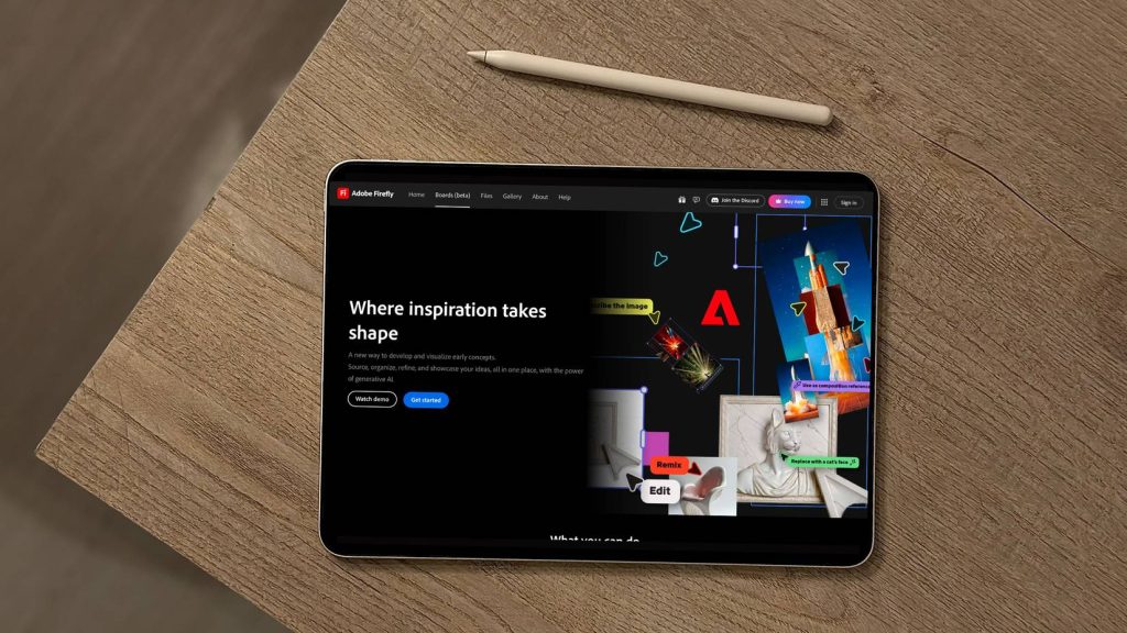 Màn hình Adobe Firefly Boards hiển thị trên iPad cùng với Apple Pencil