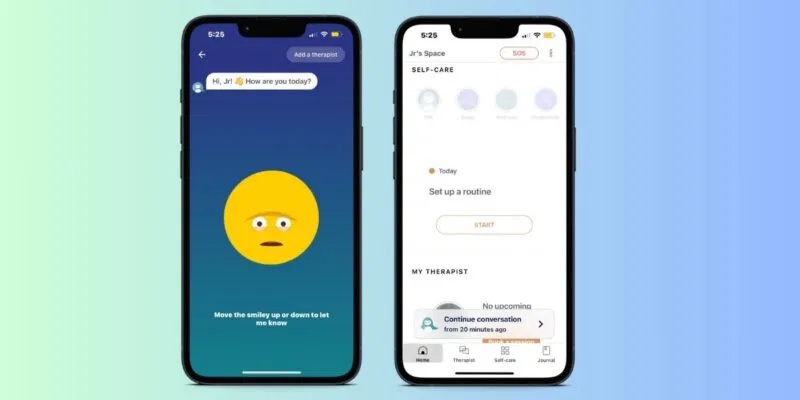 Màn hình trò chuyện và trang chủ của ứng dụng sức khỏe tâm thần Wysa