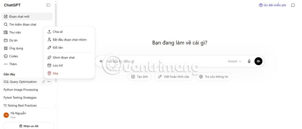 Nút Chia sẻ trên trang web ChatGPT
