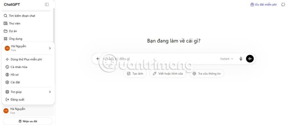 Phần Cài đặt trên trang web ChatGPT