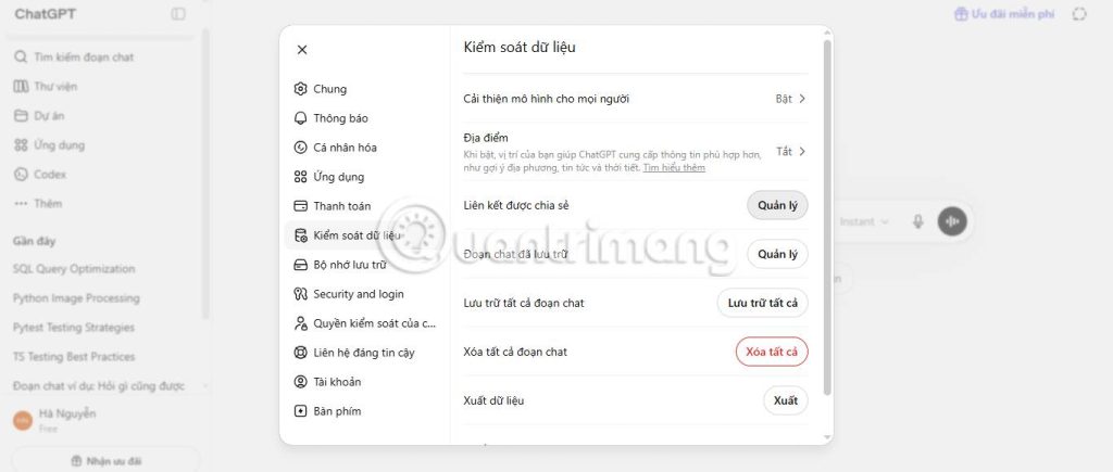 Nút Quản lý trên trang web ChatGPT