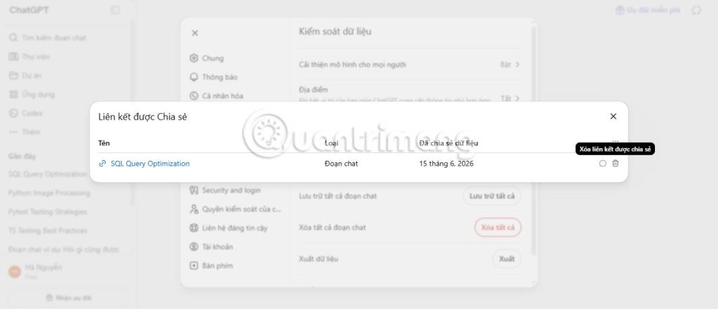 Biểu tượng thùng rác trên trang web ChatGPT